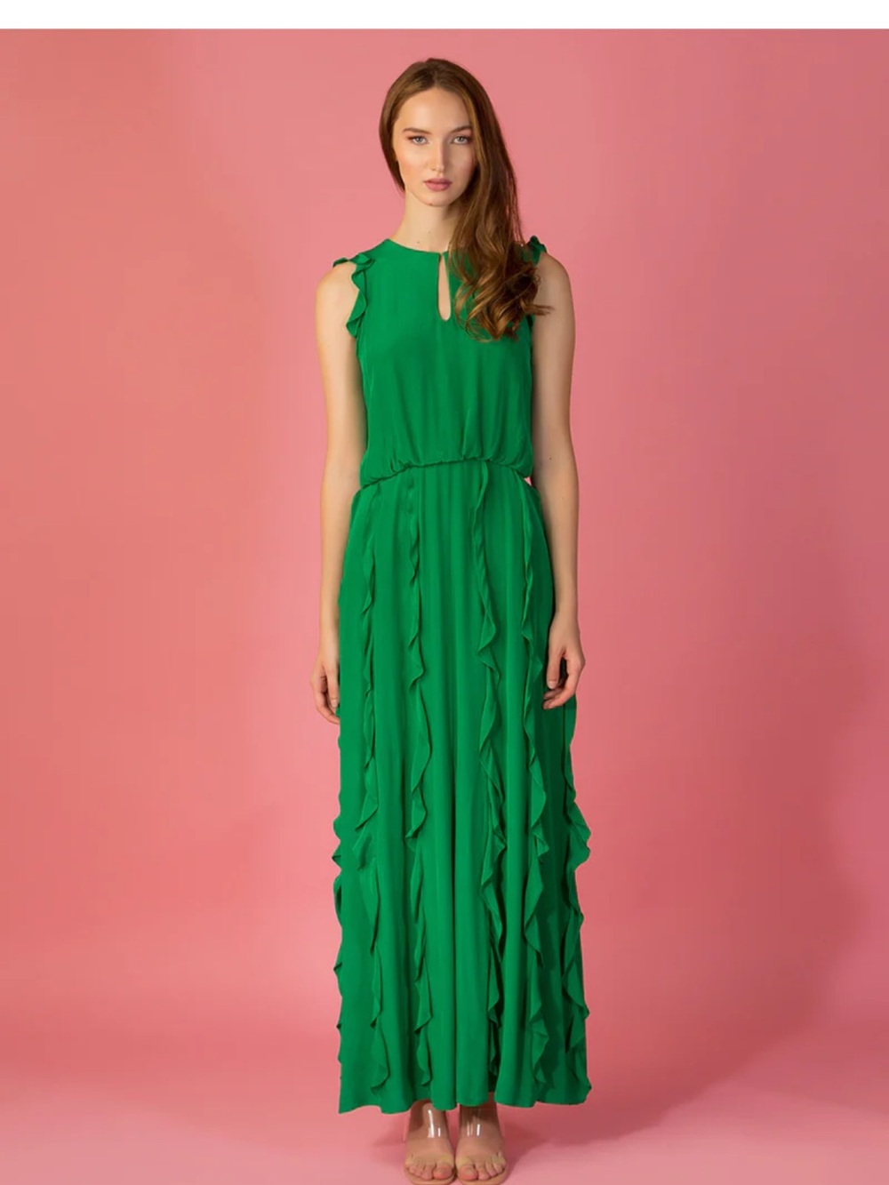 Jessie Liu Emerald Green Ruffle-Trim Maxi Dress NWT Small